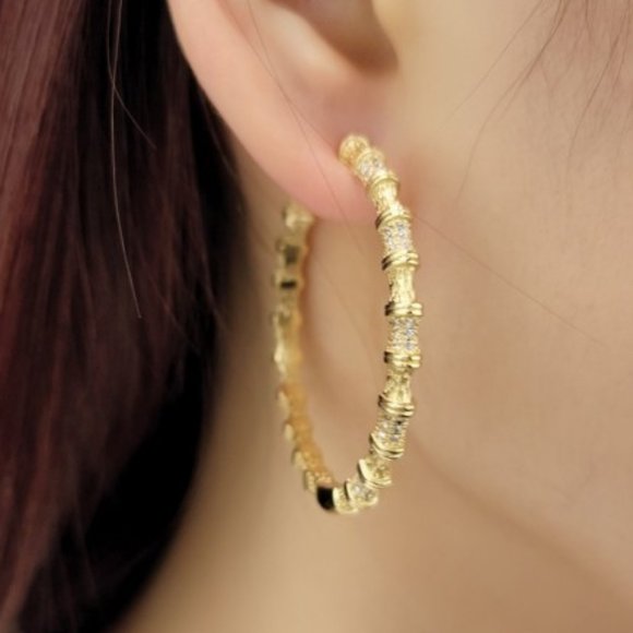 NEW Gold Pave CZ Diamond Hoop Earrings - Picture 8 of 8